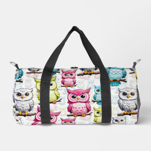 Colourful Owl Birds White Background Pattern  Duffle Bag
