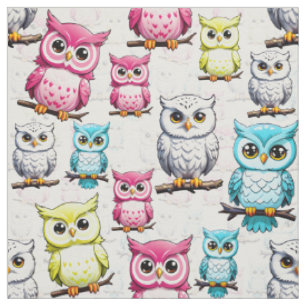 Colourful Owl Birds White Background Pattern Fabric