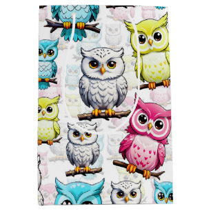 Colourful Owl Birds White Background Pattern Medium Gift Bag