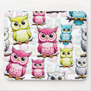 Colourful Owl Birds White Background Pattern Mouse Mat