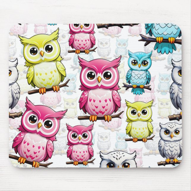 Colourful Owl Birds White Background Pattern  Mouse Mat (Front)