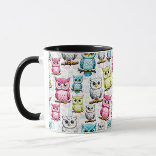 Colourful Owl Birds White Background Pattern  Mug