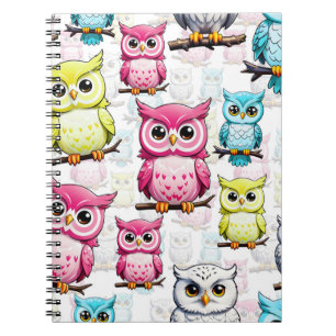 Colourful Owl Birds White Background Pattern Notebook