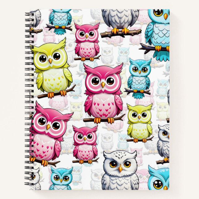 Colourful Owl Birds White Background Pattern  Notebook (Front)