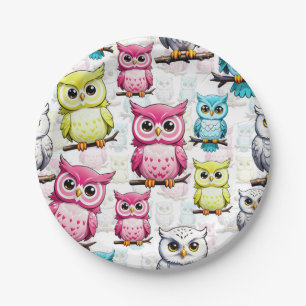Colourful Owl Birds White Background Pattern  Paper Plate