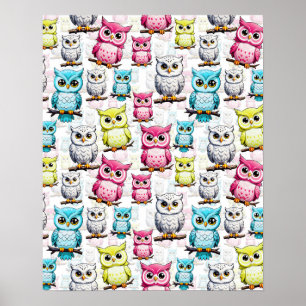 Colourful Owl Birds White Background Pattern  Poster