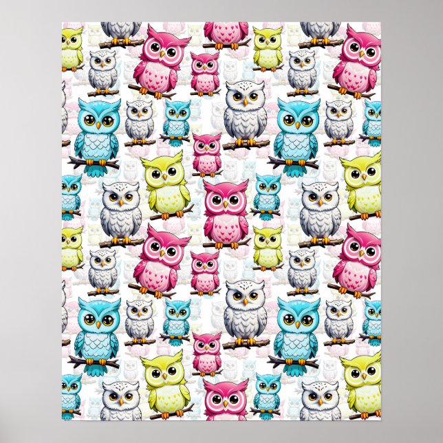 Colourful Owl Birds White Background Pattern  Poster (Front)