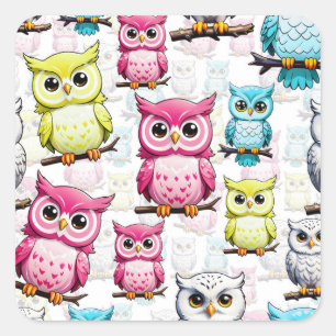 Colourful Owl Birds White Background Pattern Square Sticker