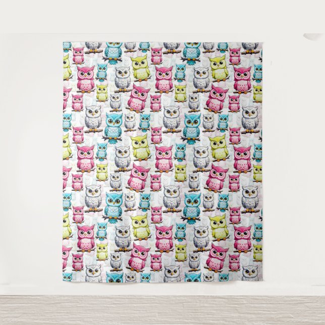 Colourful Owl Birds White Background Pattern  Tapestry (Front)