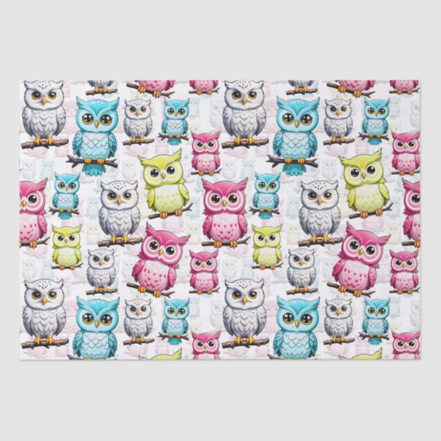 Colourful Owl Birds White Background Pattern  Tissue Paper (Front)