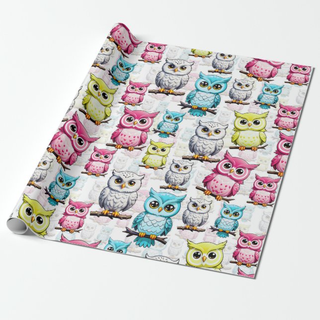 Colourful Owl Birds White Background Pattern  Wrapping Paper (Unrolled)