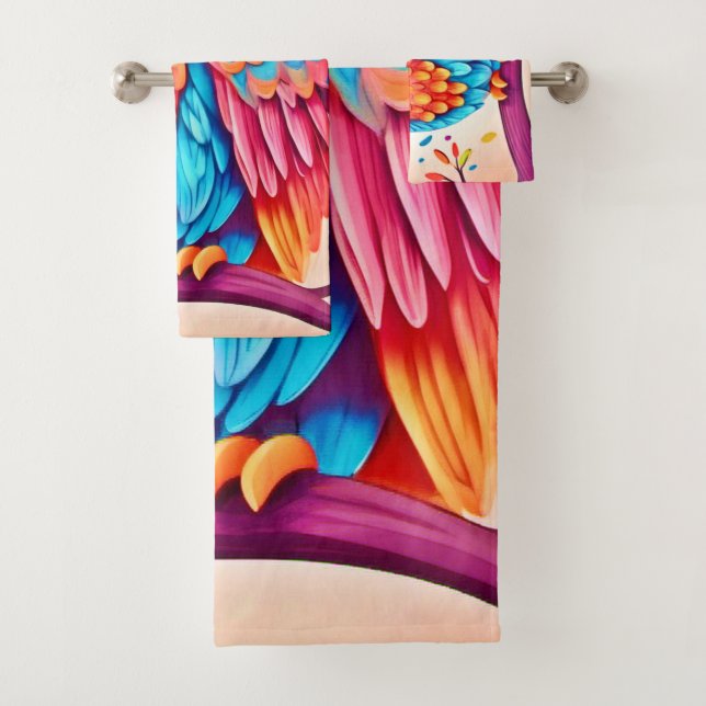 Colourful Owl Branch Art Bath Towel Set (Insitu)