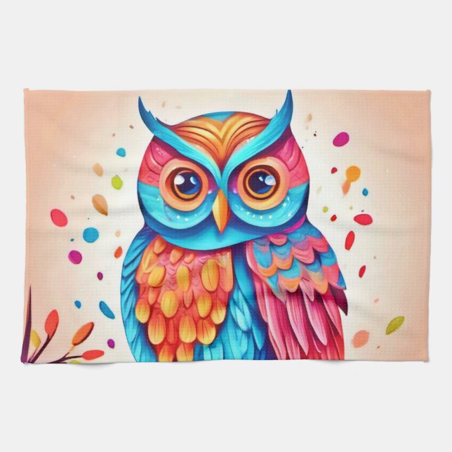 Colourful Owl Branch Art Tea Towel (Horizontal)