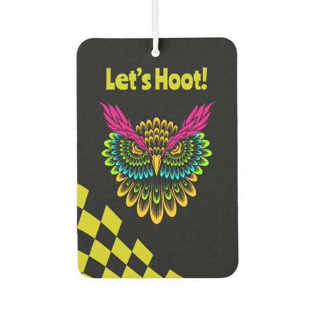 Colourful Owl & Chequered Racing with Custom Text Car Air Freshener (Front)
