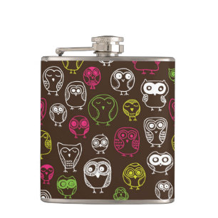 Colourful owl doodle background pattern hip flask