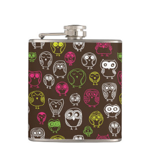 Colourful owl doodle background pattern hip flask