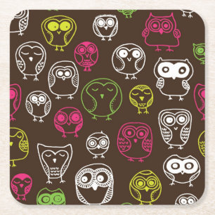 Colourful owl doodle background pattern square paper coaster