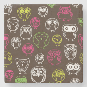 Colourful owl doodle background pattern stone coaster
