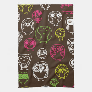Colourful owl doodle background pattern tea towel