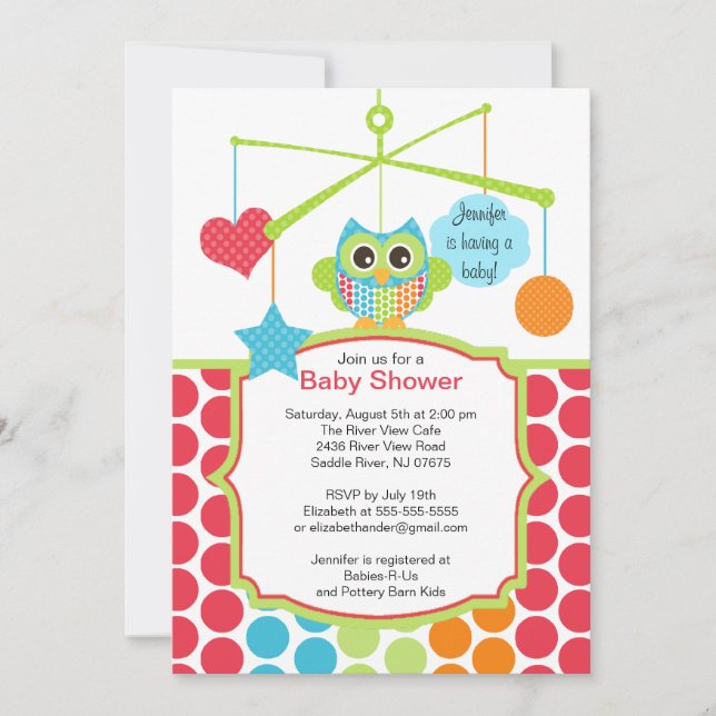 Colourful Owl Mobile Baby Shower Invitations (Front)
