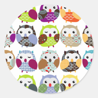 Colourful Owl Pattern Classic Round Sticker