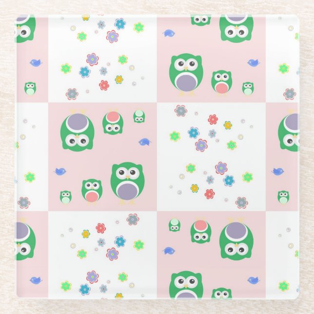 Colourful Owl Pattern For Kids Glass Coaster (Front)