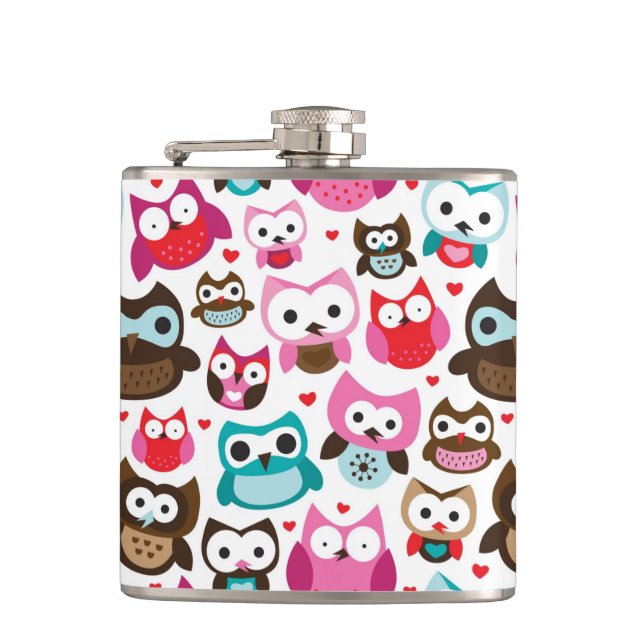colourful owl pattern hip flask (Front)