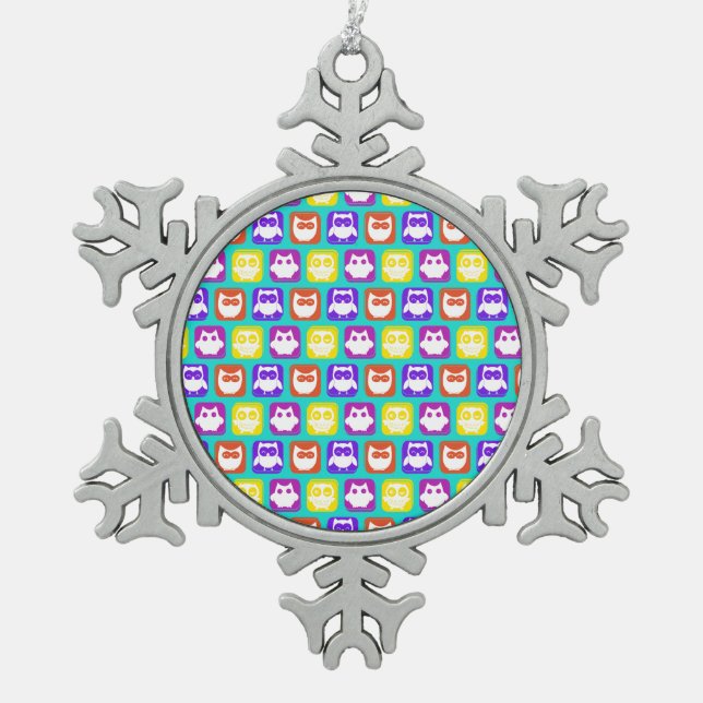 Colourful Owl Pattern Snowflake Pewter Christmas Ornament (Front)