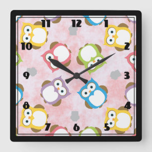 Colourful Owl pattern Square Wall Clock