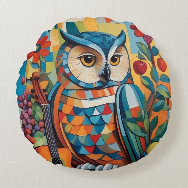 Colourful Owl Still life Portrait Round Cushion (Front)