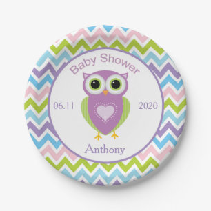 Colourful owl, zigzag pattern baby shower Plate