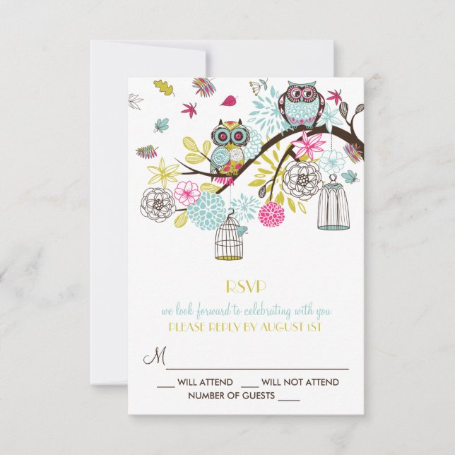 Colourful Owls and Falling Leaves RSVP Card (Front)