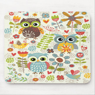 Colourful Owls and Flowers Happy Mousepad