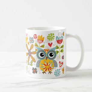 Colourful Owls and Flowers Happy Mug