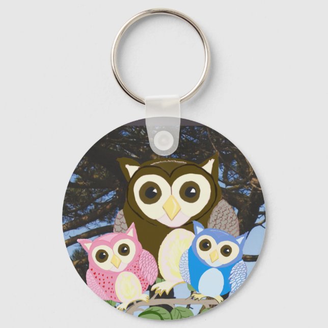 Colourful Owls in a Tree Key Ring (Front)
