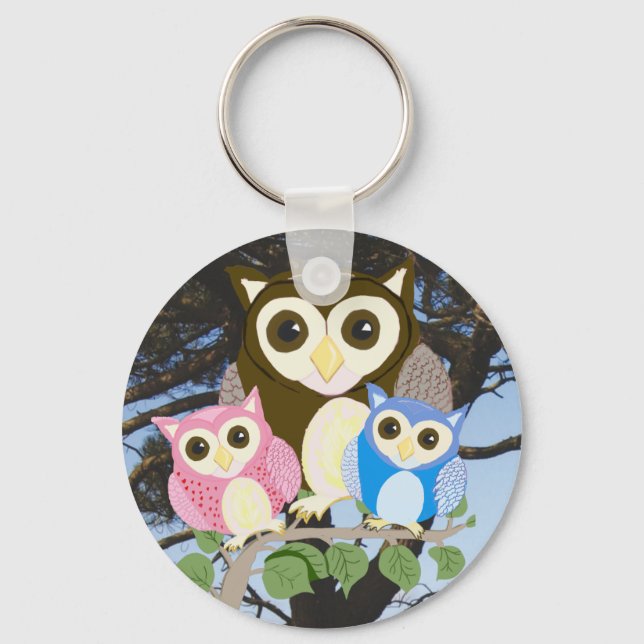 Colourful Owls in a Tree Key Ring (Front)