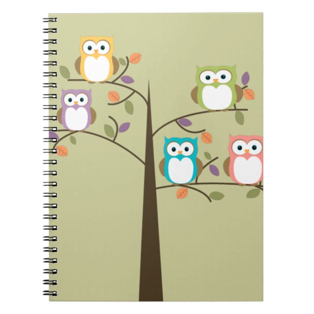 Colourful Owls in Pretty Tree Notebook (Front)