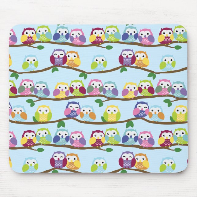 Colourful owls on a branch mouse mat (Front)