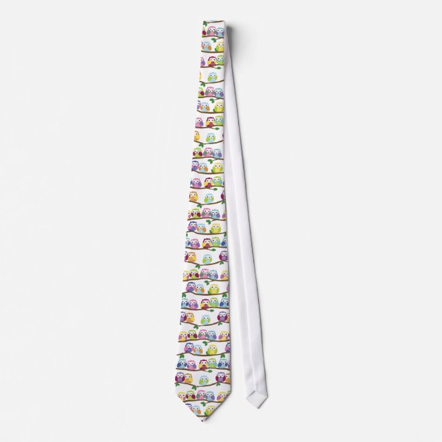 Colourful owls on a branch tie (Front)