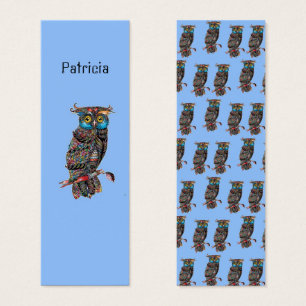 Colourful owls on blue monogram bookmark