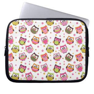 Colourful Owls on white background laptop sleeve