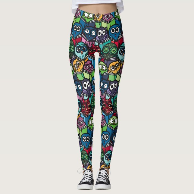 Colourful Owls Reading Cute Seamless Pattern Leggings (Front)