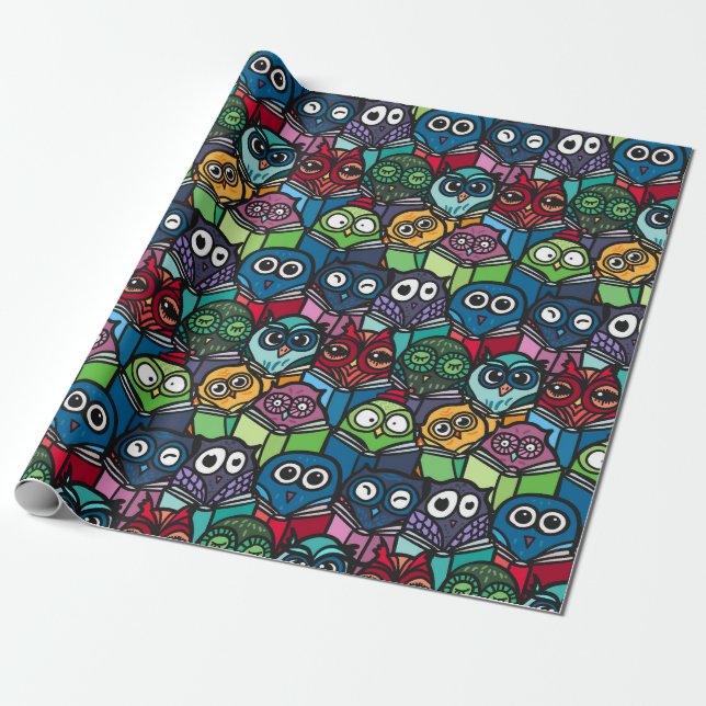 Colourful Owls Reading Cute Seamless Pattern Wrapping Paper (Unrolled)