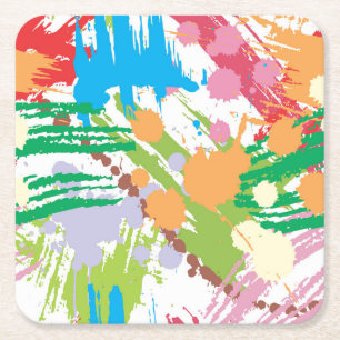 Colourful Paint Blotches and Splats Square Paper Coaster