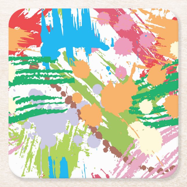 Colourful Paint Blotches and Splats Square Paper Coaster (Front)