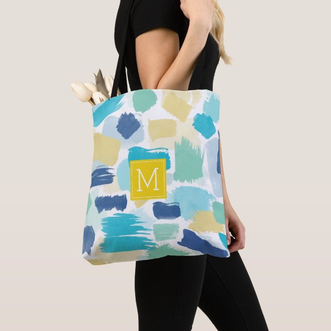 Colourful Paint Brush Strokes and Yellow Monogram Tote Bag (Close Up)