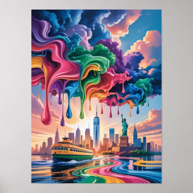 Colourful Paint Dripping Over NYC Harbour Poster (Front)