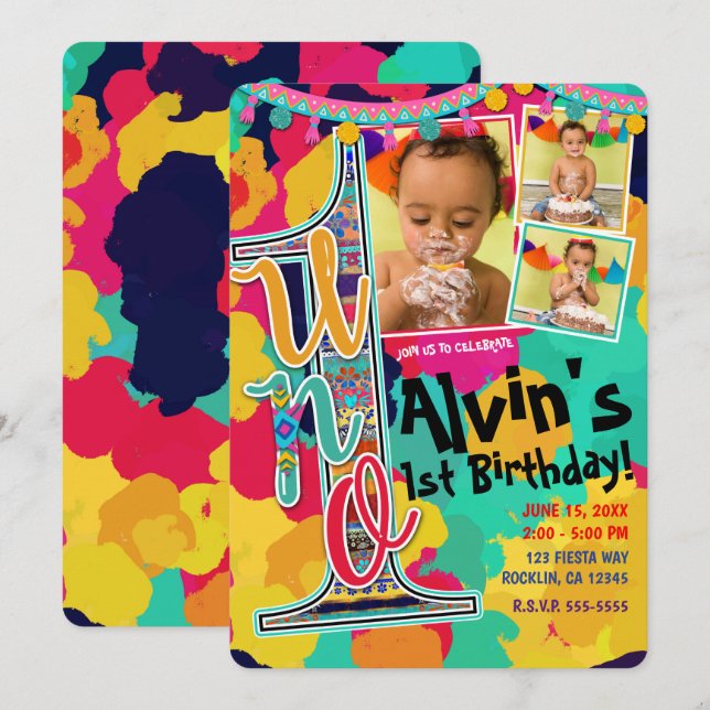 Colourful Paint Fiesta UNO 1st Birthday Party Phot Invitation (Front/Back)