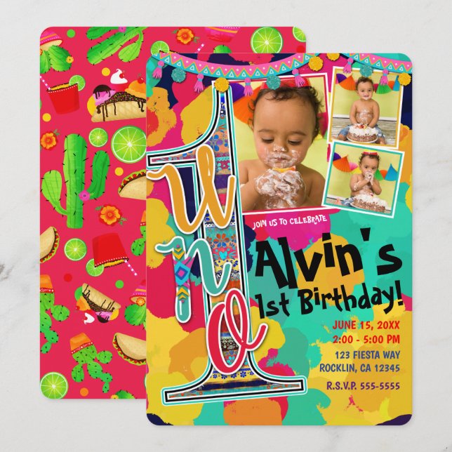 Colourful Paint Fiesta UNO 1st Birthday Party Phot Invitation (Front/Back)