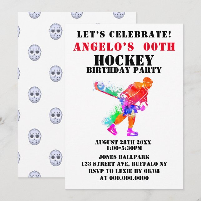 Colourful Paint Hockey Theme Birthday Party Invite (Front/Back)